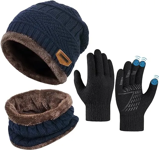 OOPOR Kids Winter Hat Scarf Gloves Set - Warm Thermal Knitted Beanie Cap Snood Neck Warmer Touchscreen Anti-slip Mitten Outdoor Sports Soft Fleece Lining Elastic for Children Boys Girls Aged 5-10